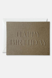 Mocha brown embossed “Happy Birthday” card with natural envelope