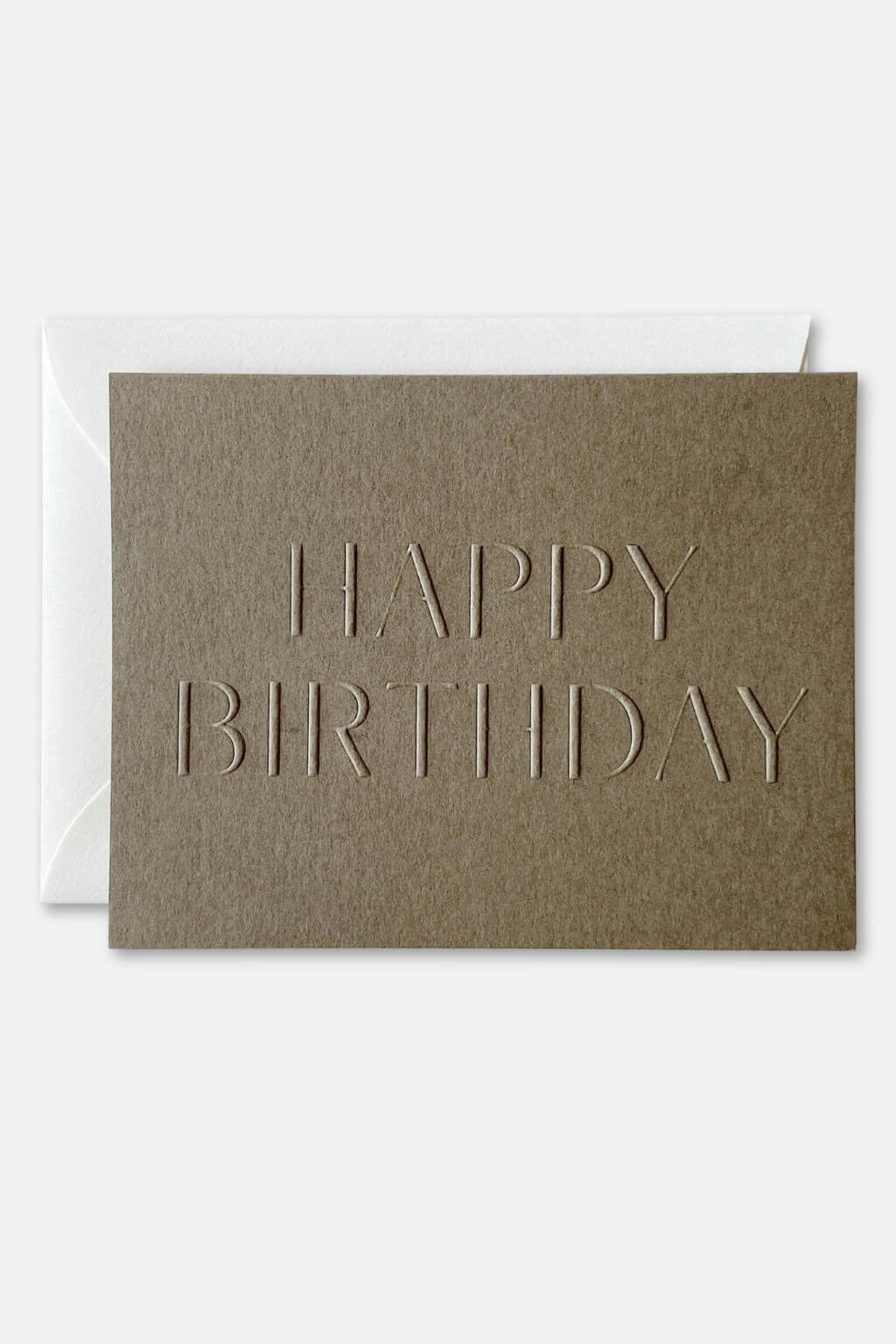 Mocha brown embossed “Happy Birthday” card with natural envelope