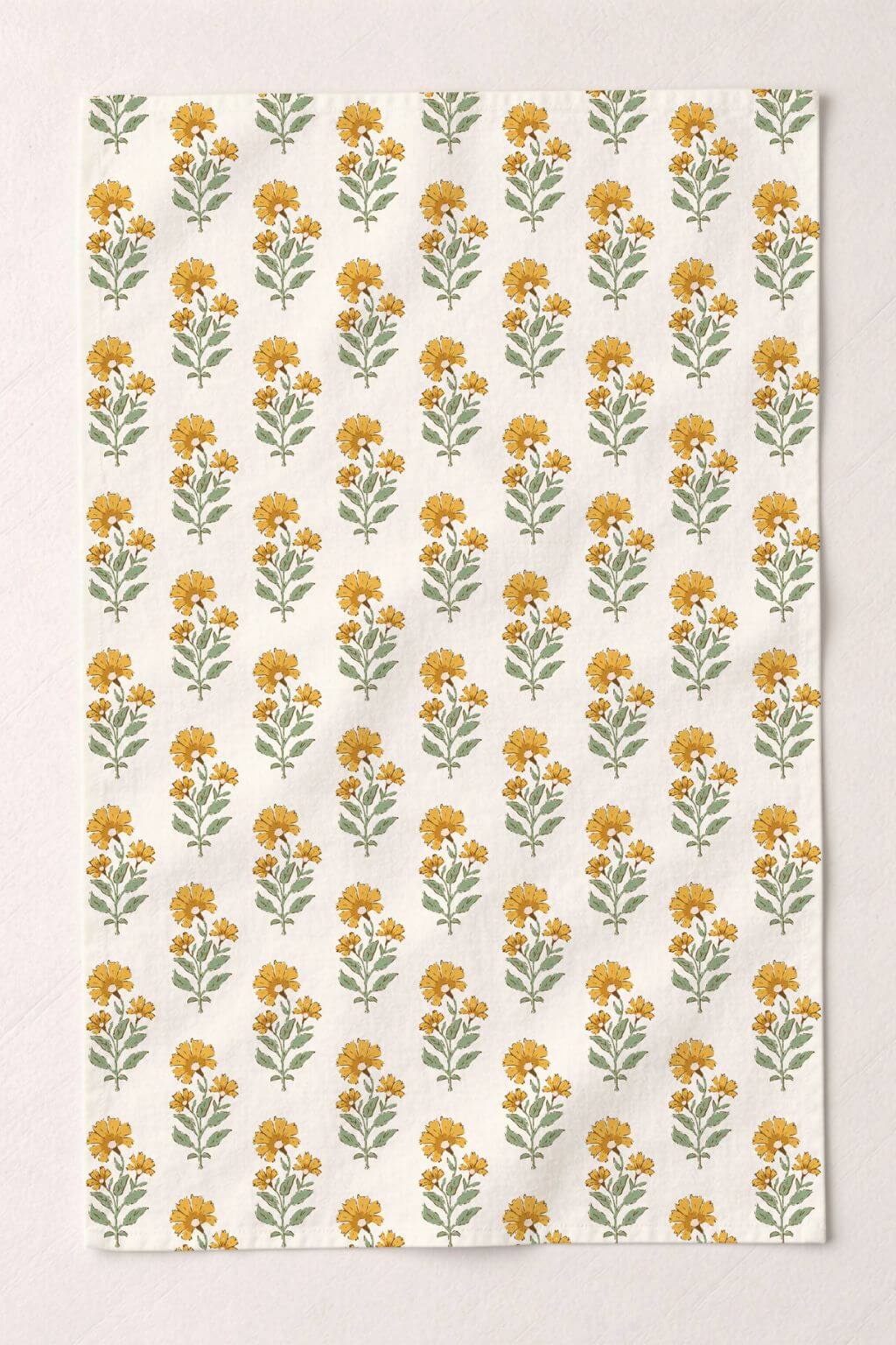 Botanical linen tea towel marigold print full view