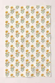 Botanical linen tea towel marigold print full view