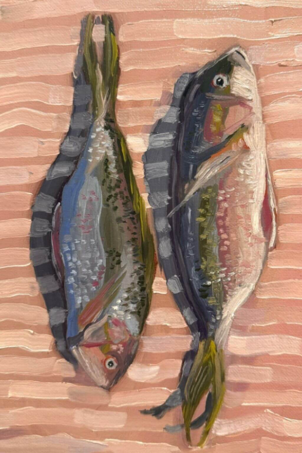 Close up of painted fish art print with textured brushstrokes