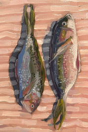 Close up of painted fish art print with textured brushstrokes