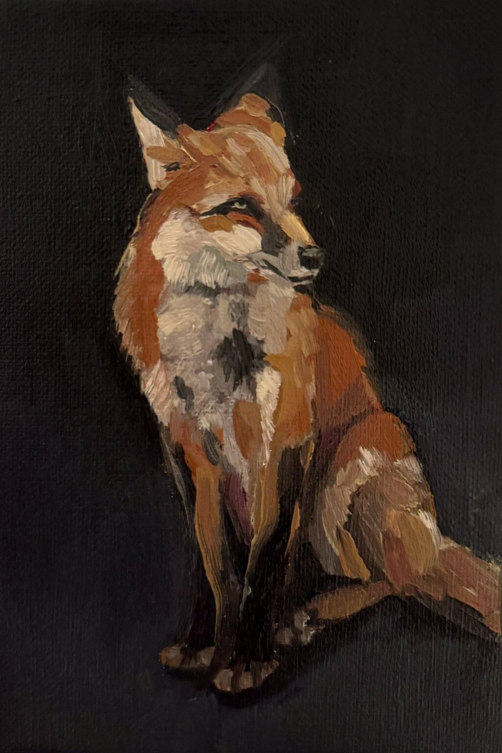 Close up of fox painting with expressive brushstrokes and linen texture