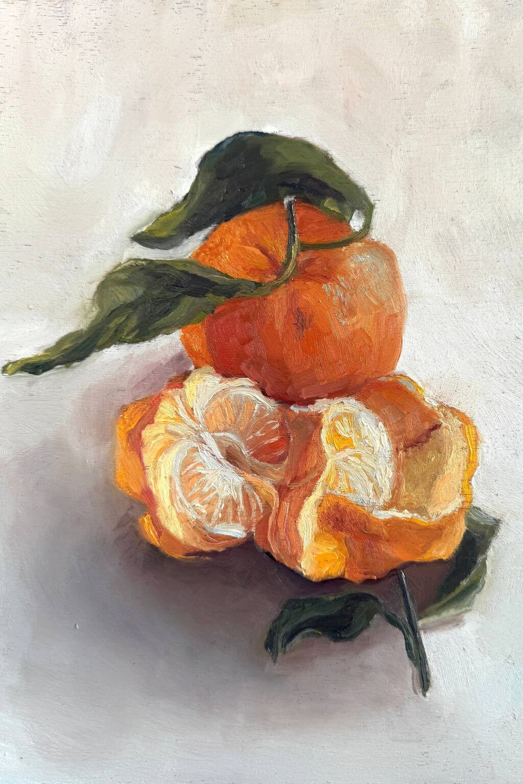 Close up of citrus painting showing textured brushstrokes