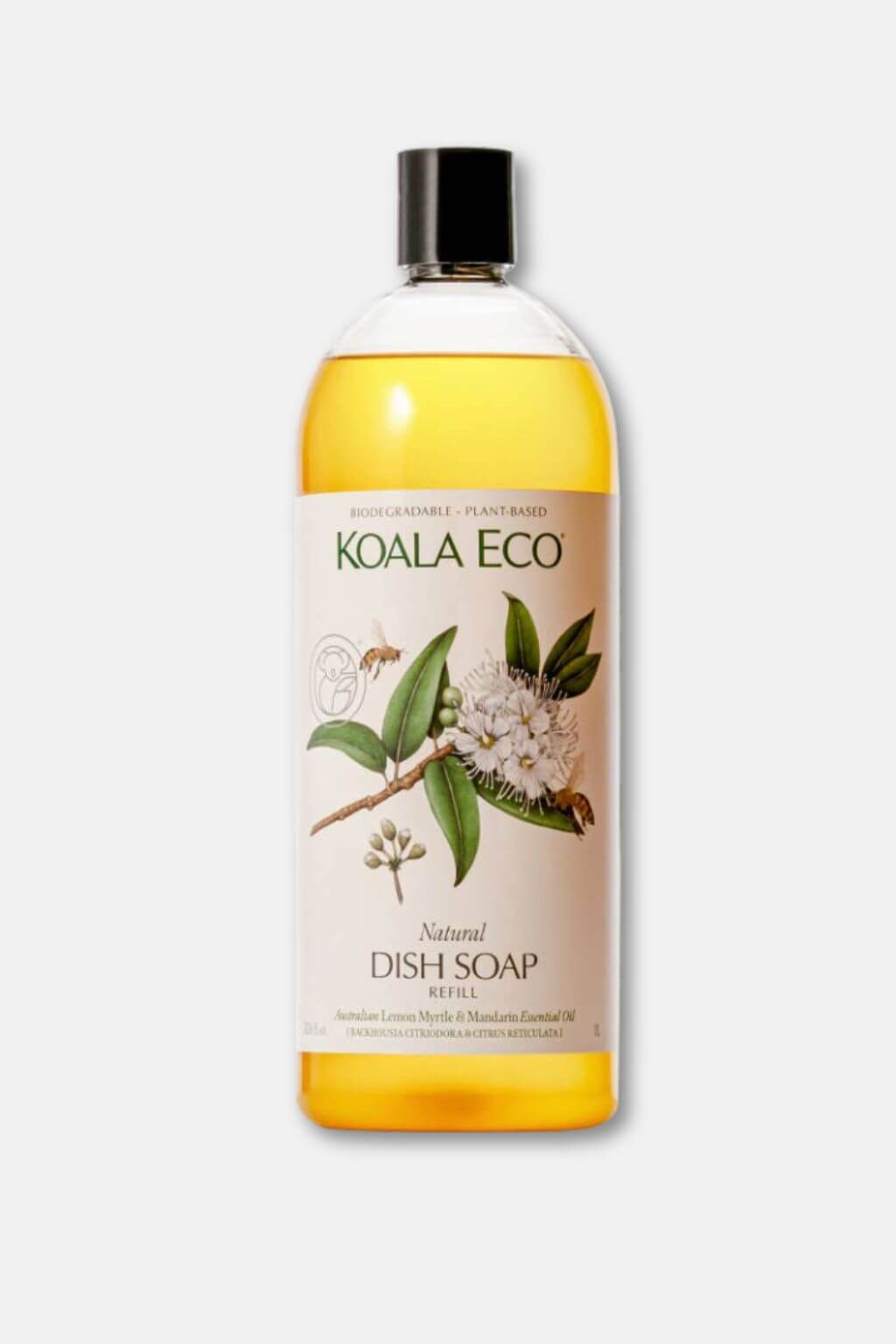 Front view of Koala Eco Natural Dish Soap Refill bottle with illustrated botanicals and bees on white label