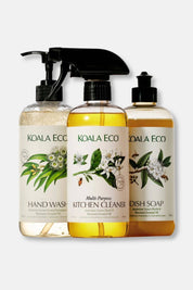 Koala Eco Home Cleaning Trio featuring hand wash, kitchen cleaner, and dish soap on white background.
