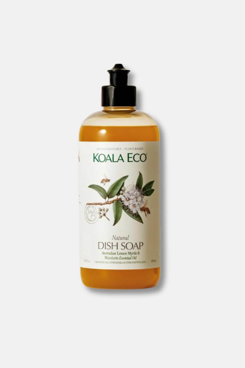 A bottle of Lemon Myrtle + Mandarin Natural Dish Soap by Koala Eco against a white background.