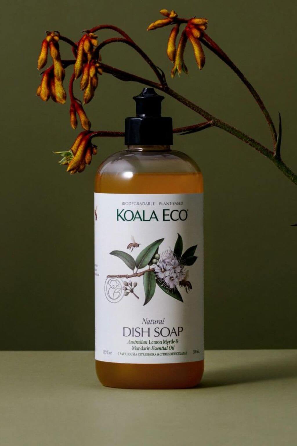 A bottle of Lemon Myrtle + Mandarin Natural Dish Soap with a label featuring Koala Eco branding and an image of a lemon myrtle plant. The bottle is placed against a dark green background.