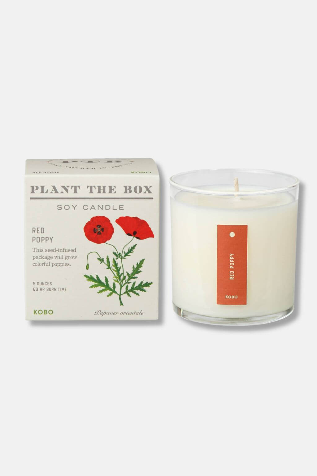 Kobo Plant the Box Red Poppy soy candle shown next to its illustrated packaging box on a light gray background.