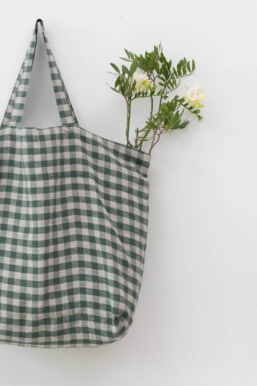 forest green gingham linen tote large market bag
