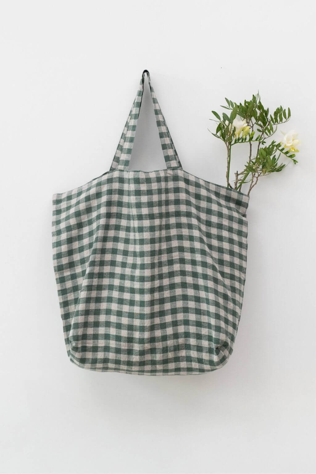 oversized linen bag green check pattern shoulder tote