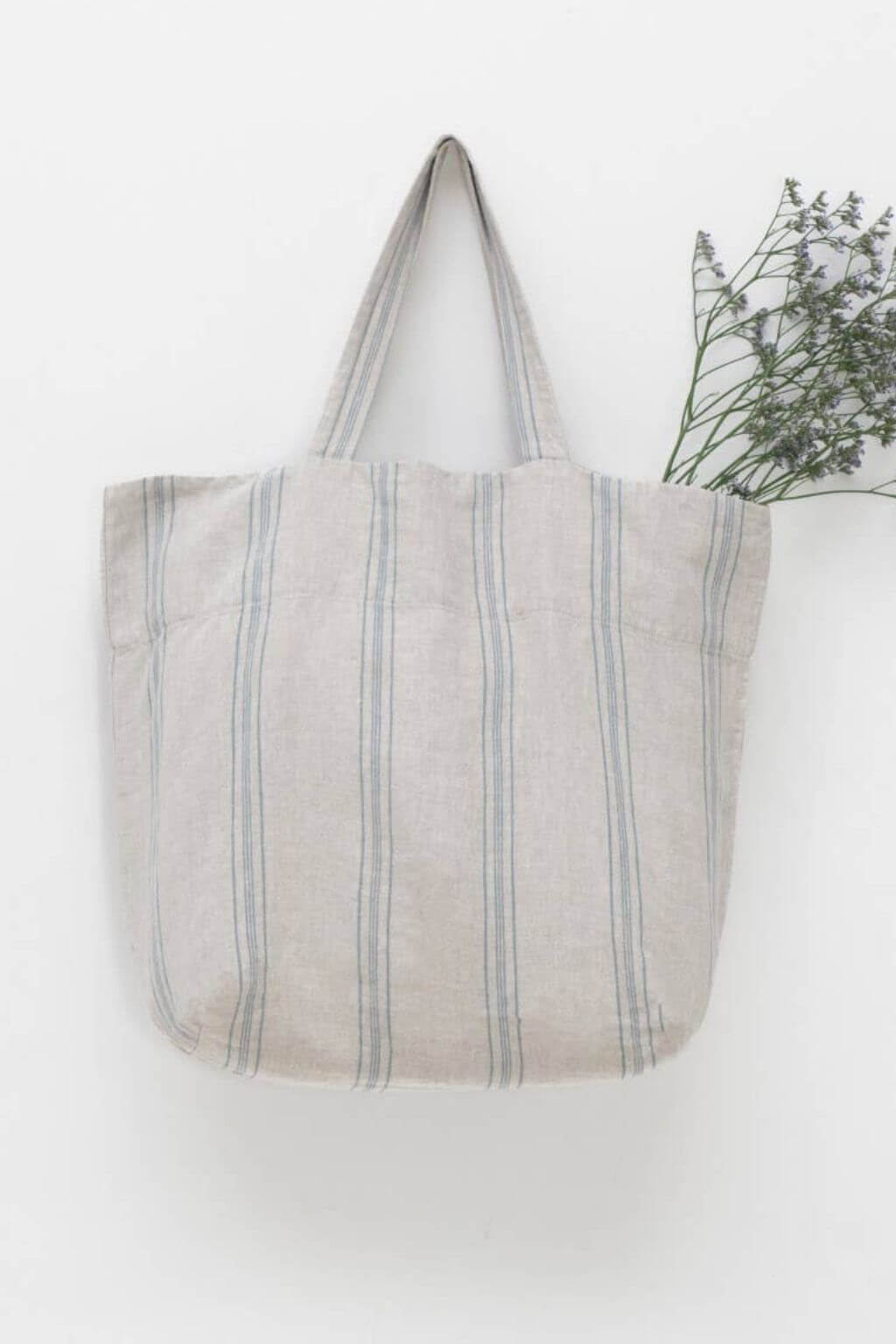 French stripe linen market tote bag crafted from heavyweight European linen