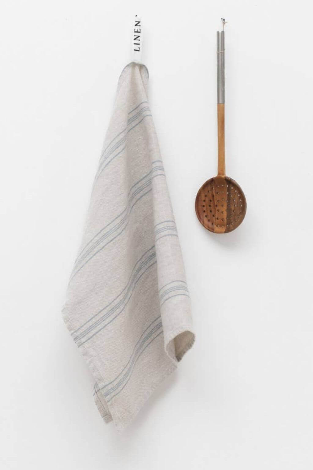 grey blue stripe linen kitchen towel hanging loop