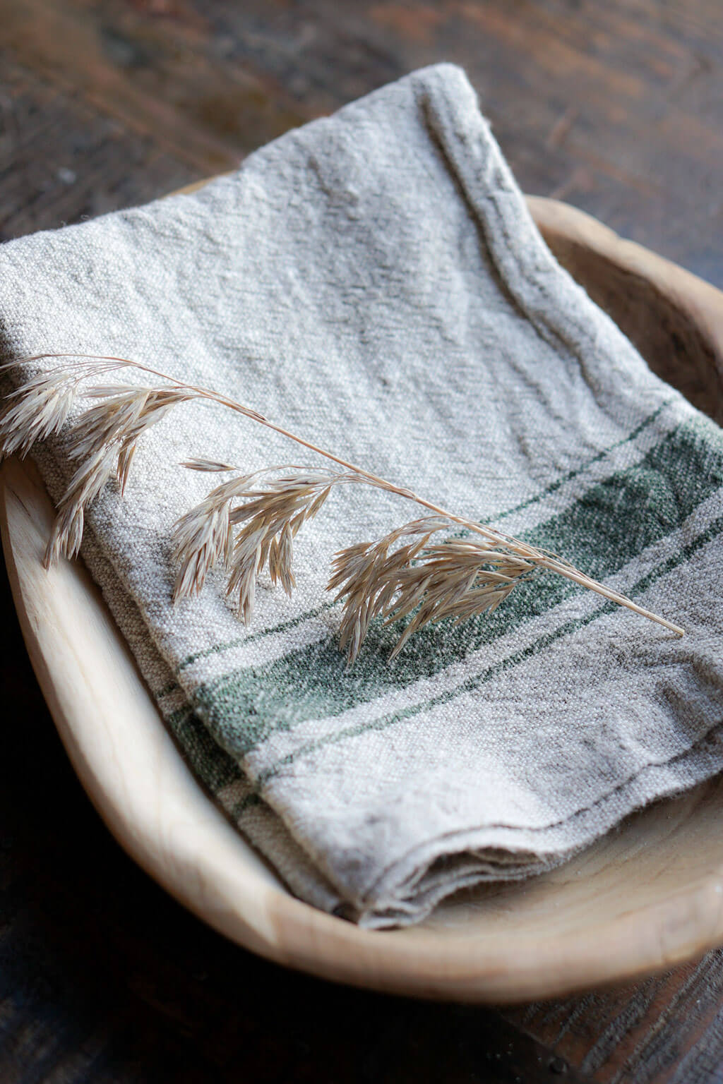 reen stripe heritage linen kitchen towel with embroidered botanical detail