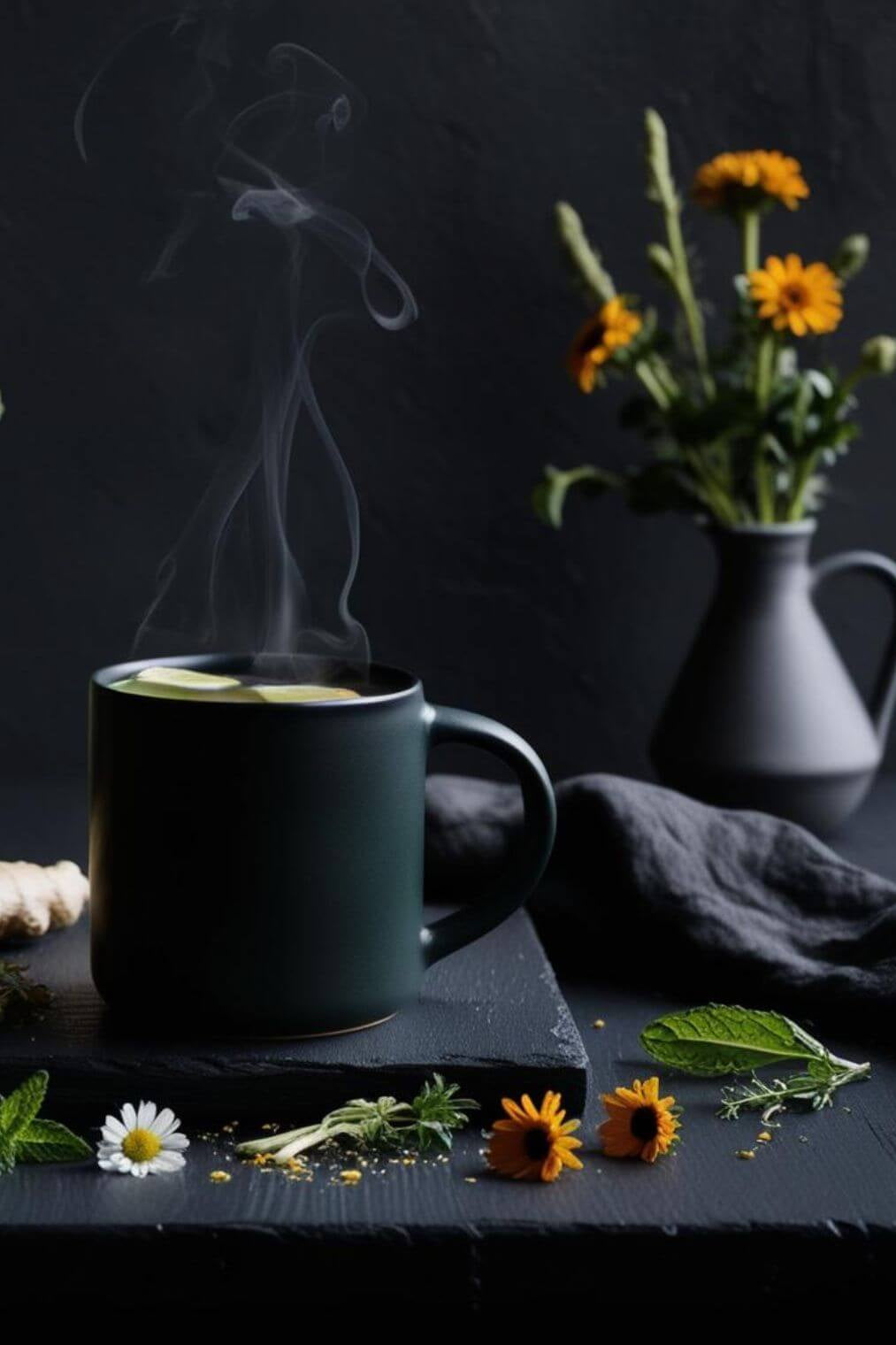 Steaming cup of Lunar Logic Constellations Within Gut Restoration Tea with fresh chamomile, calendula, and mint