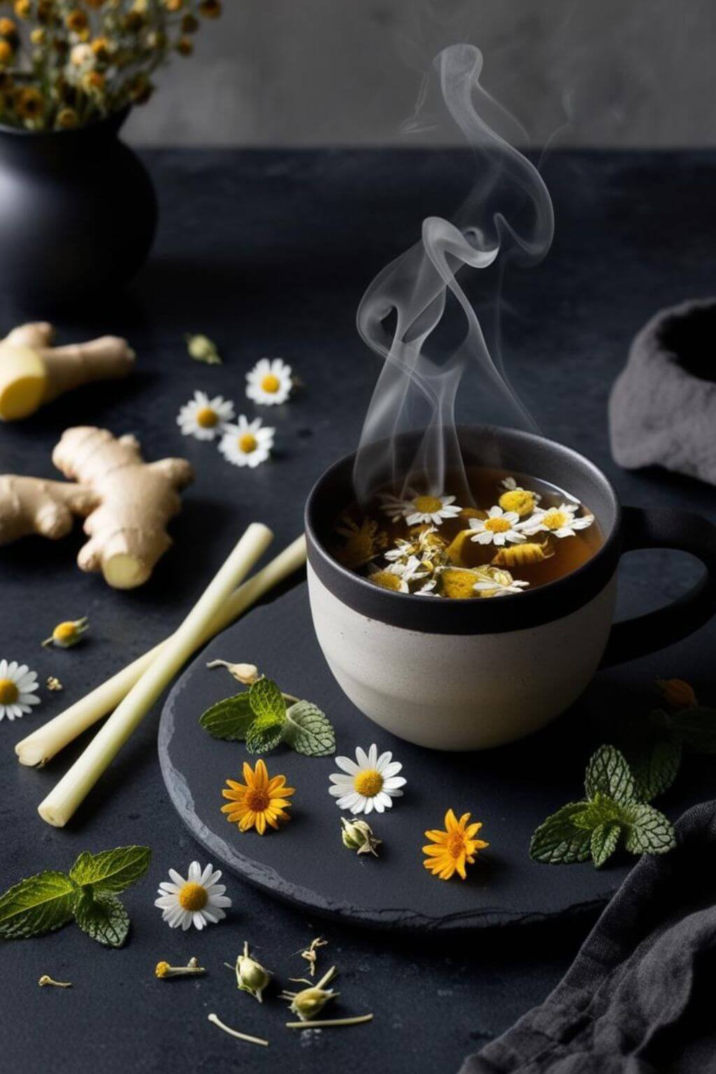 Herbal tea infusion of Constellations Within Gut Restoration Tea with floating chamomile flowers, ginger, mint, and calendula