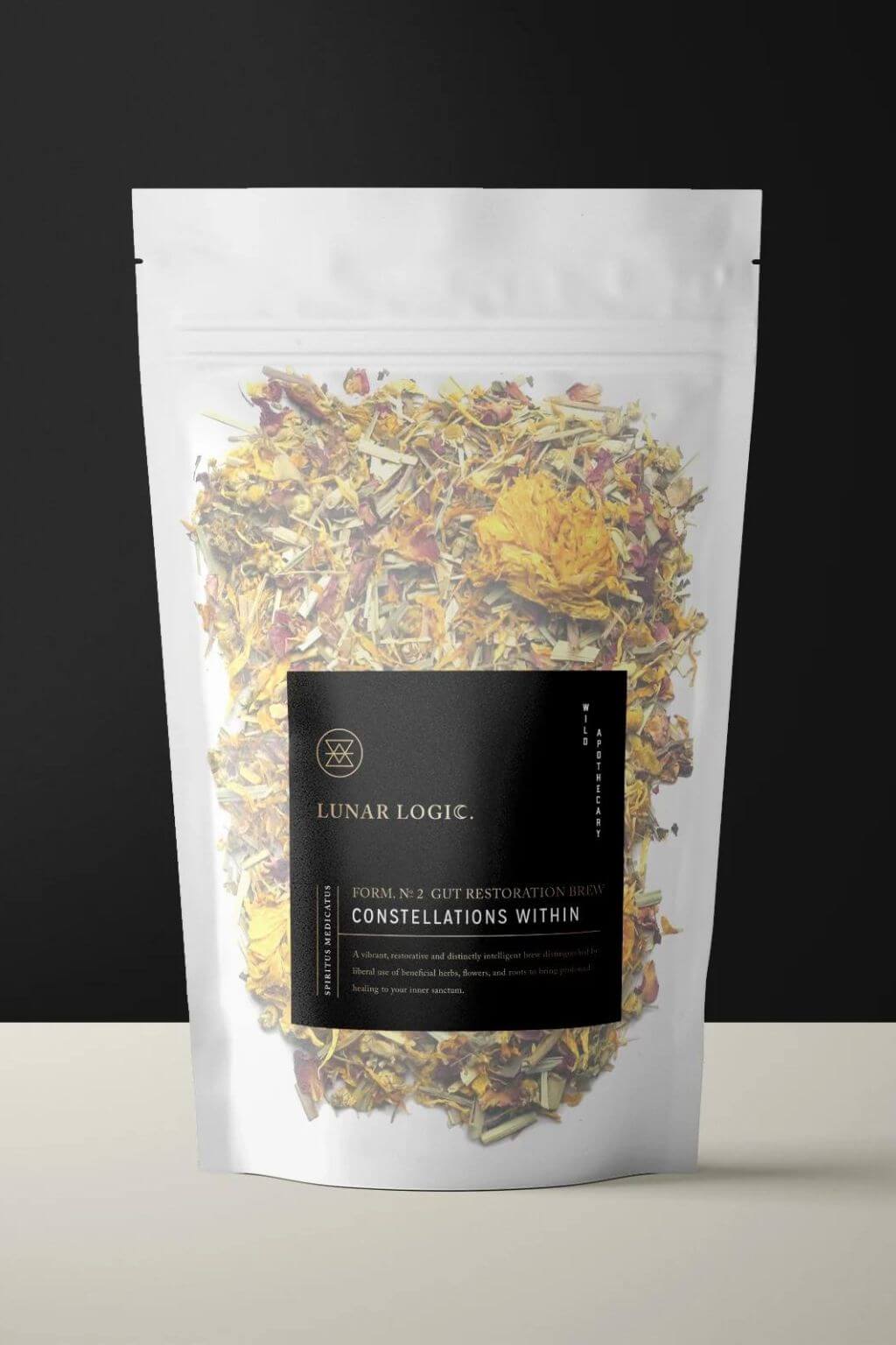 Lunar Logic Constellations Within Gut Restoration Tea — loose leaf herbal blend in resealable pouch with calendula and rose petals