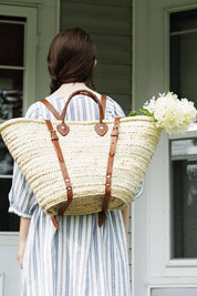 French Market Harvesting Basket Backpack with Brown Leather Straps