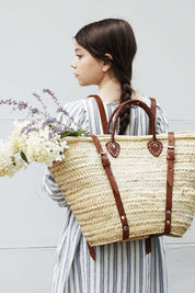 French Market Harvesting Basket Backpack with Brown Leather Straps