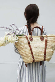 French Market Harvesting Basket Backpack with Brown Leather Straps