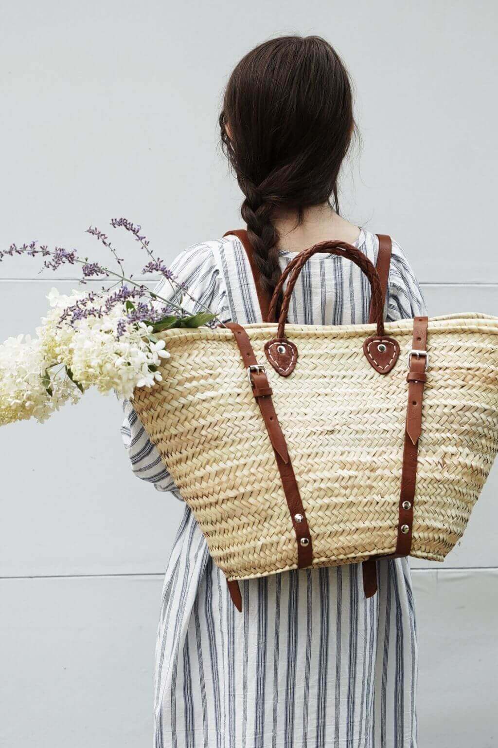 Woven Market Basket Backpack | French Harvesting Basket with Brown Leather Straps