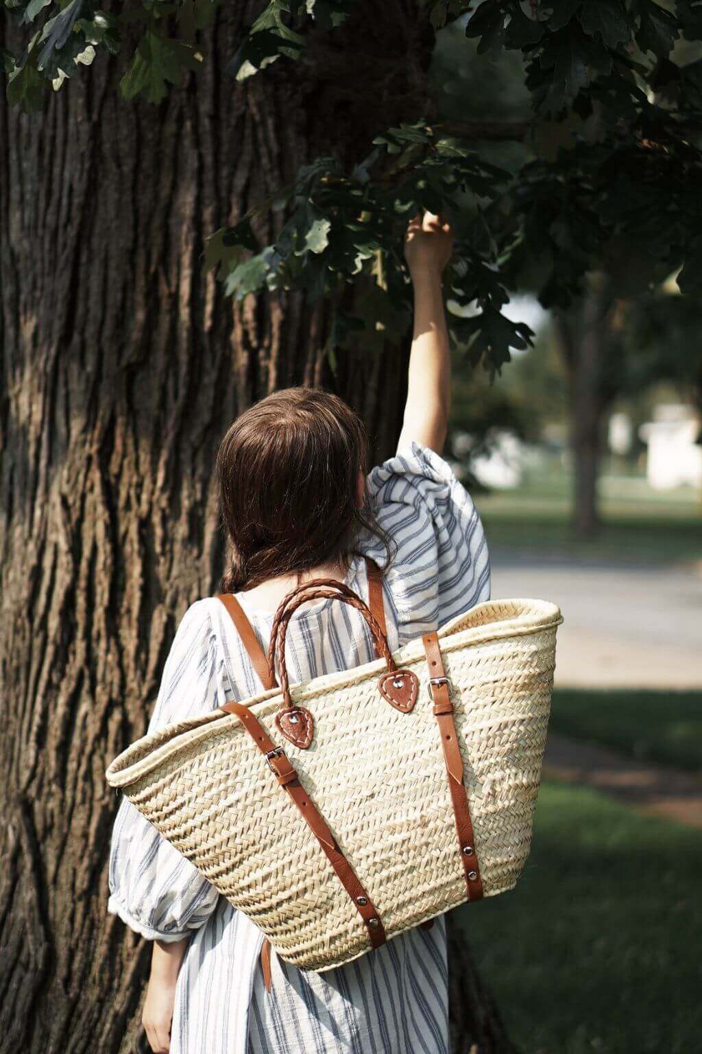Woven Market Basket Backpack | French Harvesting Basket with Brown Leather Straps