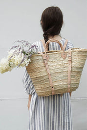 Woven Market Basket Backpack | French Harvesting Basket with Natural Leather Straps