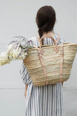 Woven Market Basket Backpack | French Harvesting Basket with Natural Leather Straps