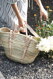 Woven Market Basket Backpack | French Harvesting Basket with Natural Leather Straps