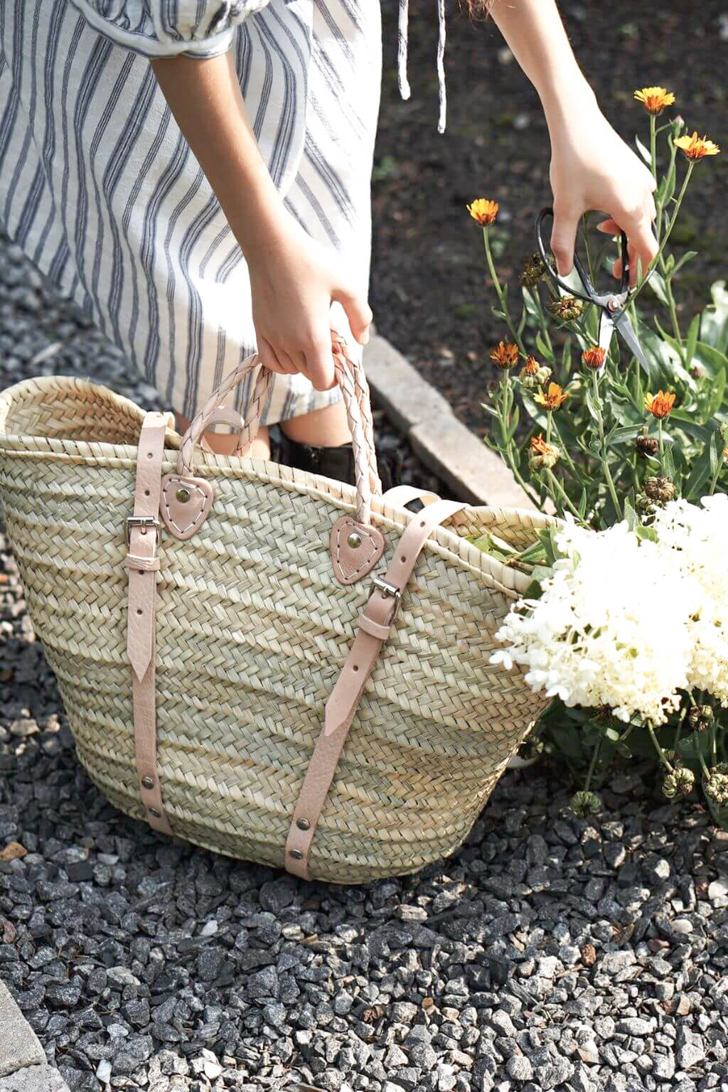 Woven Market Basket Backpack | French Harvesting Basket with Natural Leather Straps