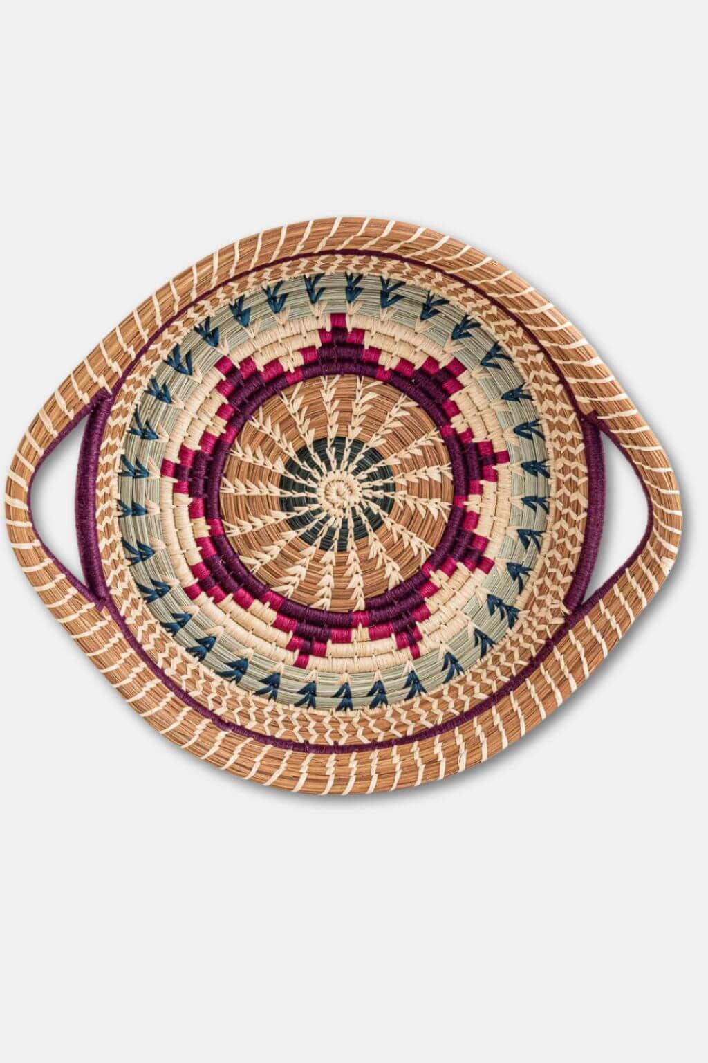 Woven basket with a circular pattern on a light gray background