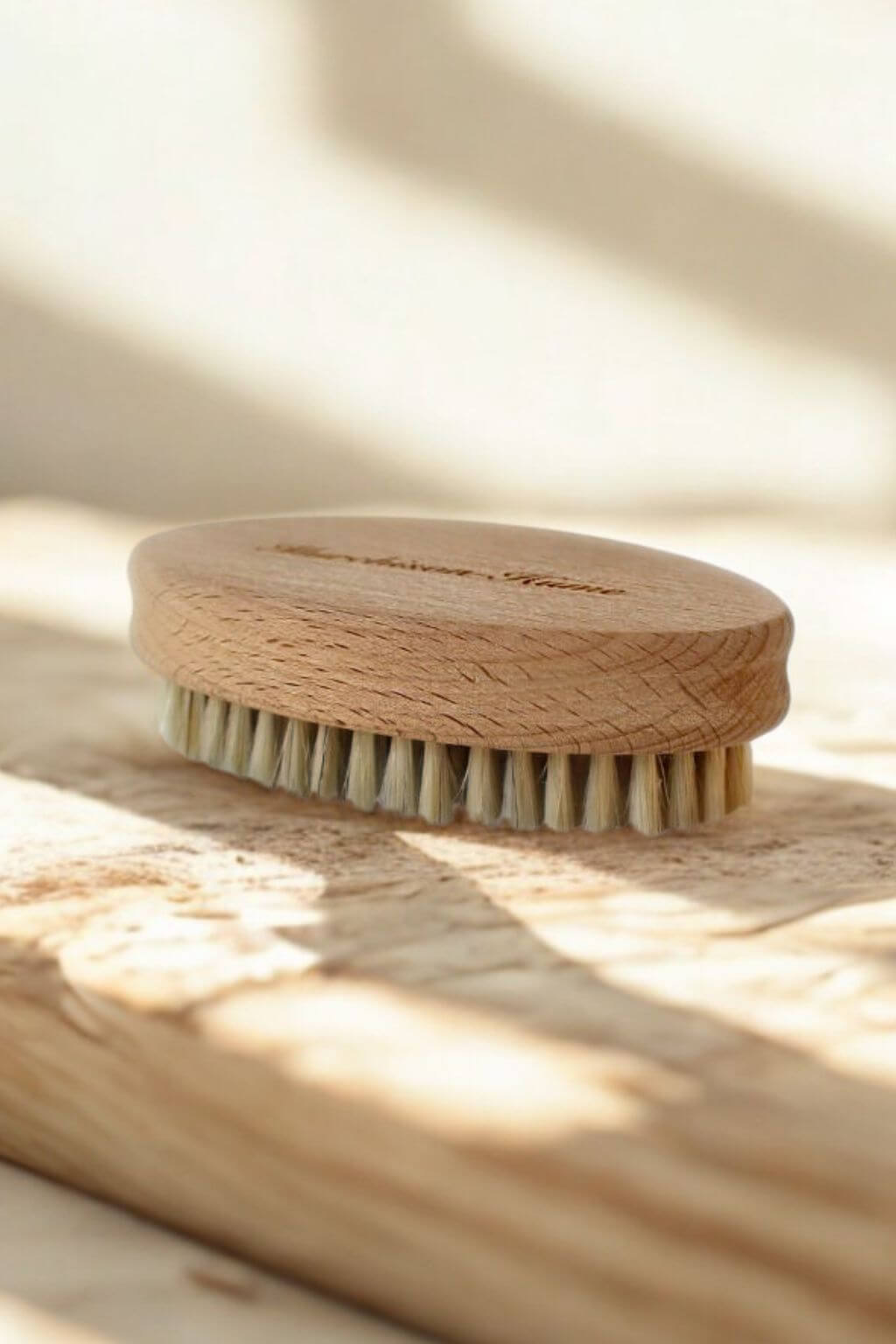 Wooden laundry brush with natural bristles on a wooden surface