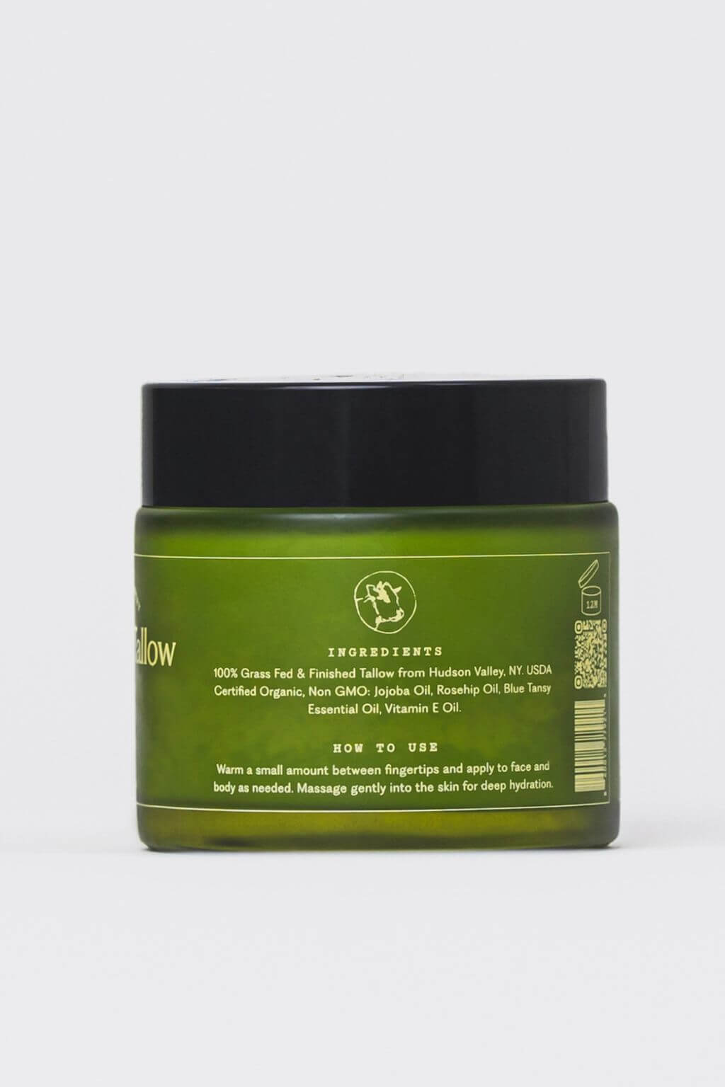 Back label of Blue Moon tallow balm showing ingredients and directions