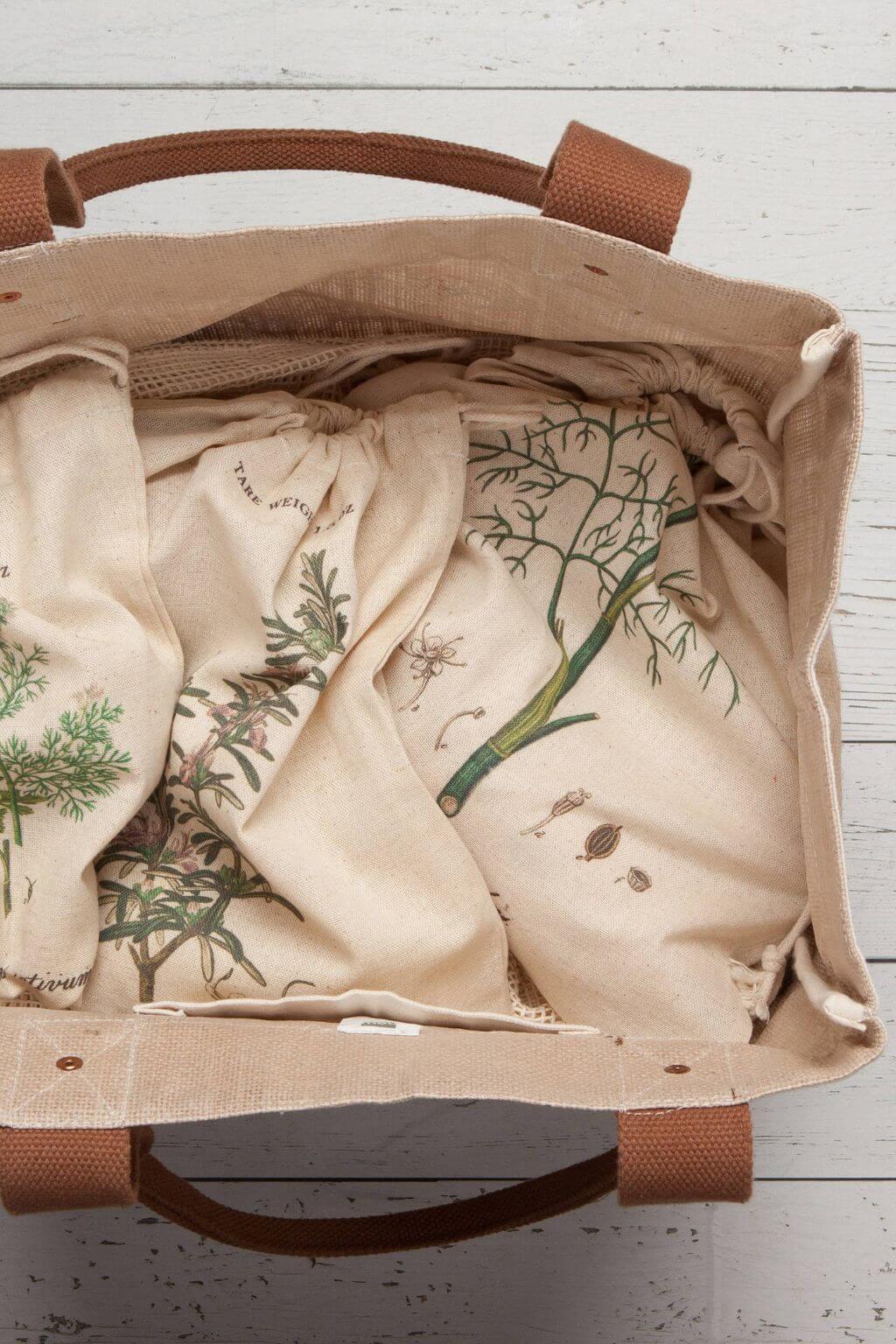 Produce bags stored inside canvas tote bag