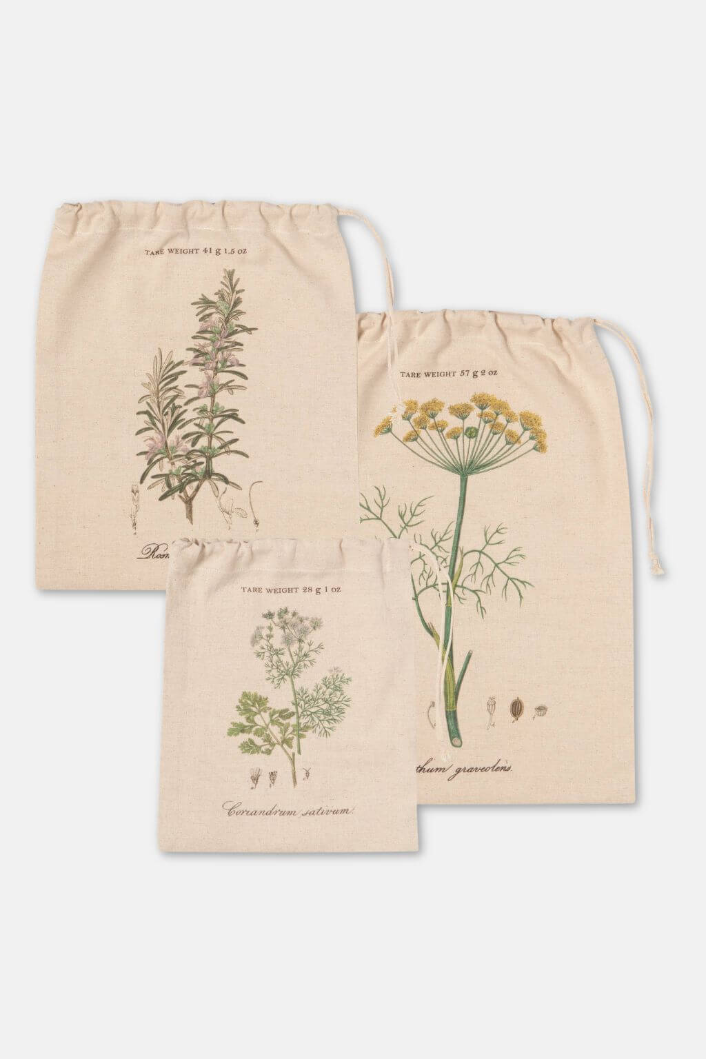 Set of three herb print cotton produce bags arranged together