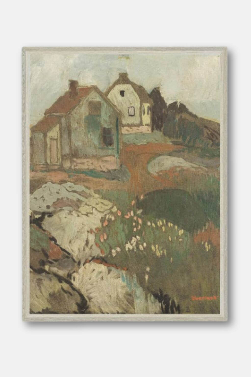 Hilltop Cottages framed canvas art vintage landscape painting