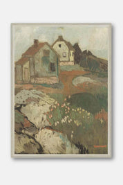 Hilltop Cottages framed canvas art vintage landscape painting