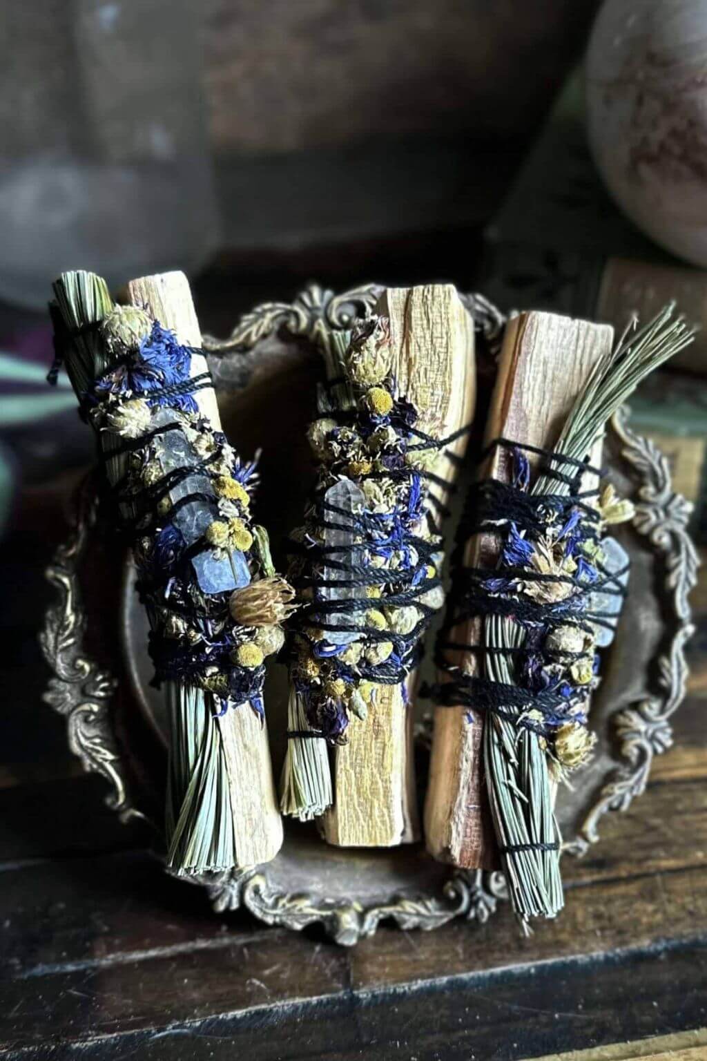 sweetgrass palo santo blessing bundle with crystal and herbs