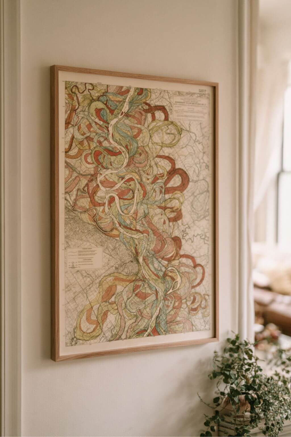 A framed vintage-style map art print hangs on a cream-colored wall in a softly lit room, with a small plant visible in the lower right corner.