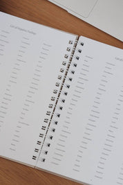 Open book with a list of negative feelings and corresponding icons on a wooden surface.
