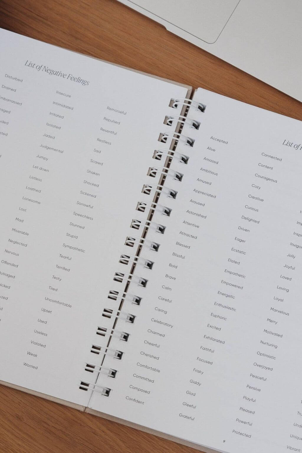 Open book with a list of negative feelings and corresponding icons on a wooden surface.