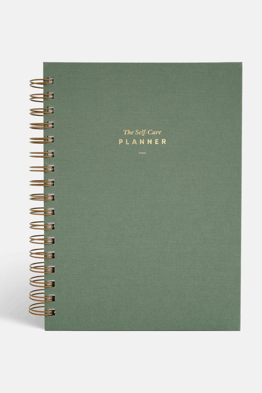 Sage Green Self Care planner with gold text on a white background