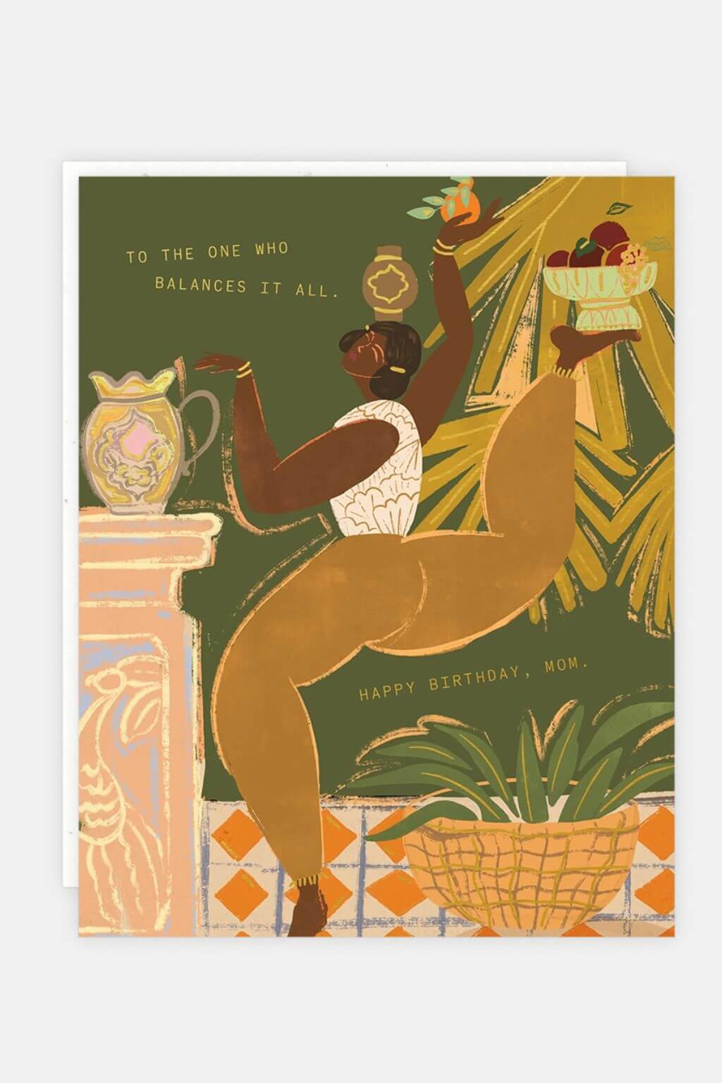 Birthday card with illustration of a woman sitting on a stool with a vase and basket, surrounded by plants and decorative items.