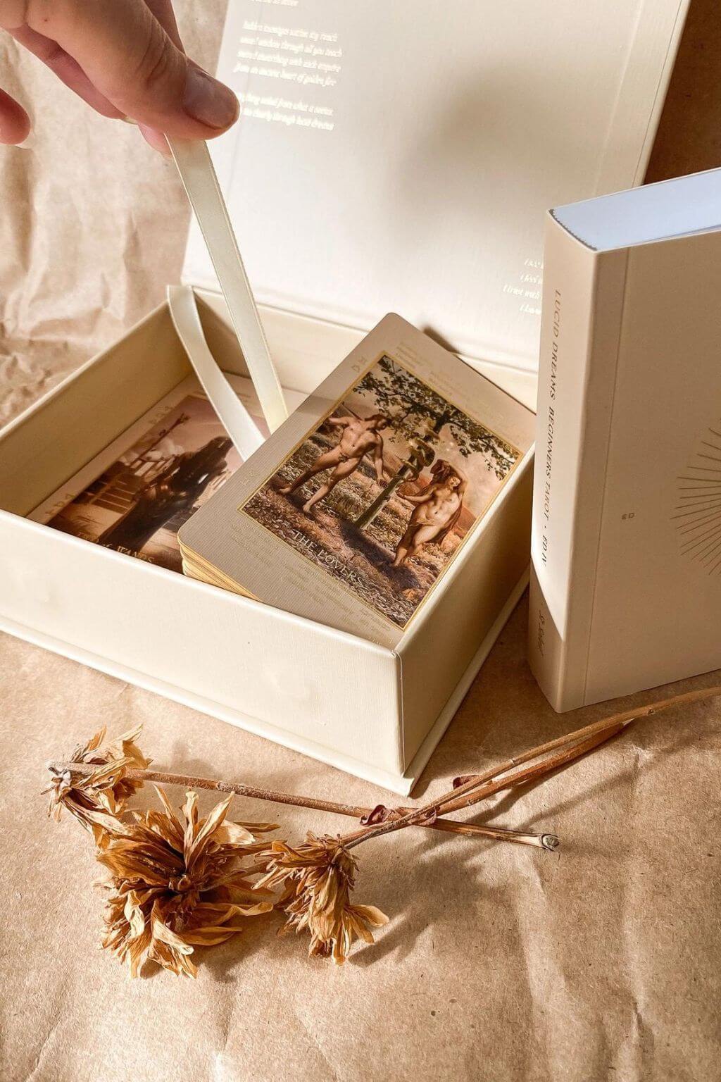 Details of Lucid Dream Tarot Deck shown in gift box