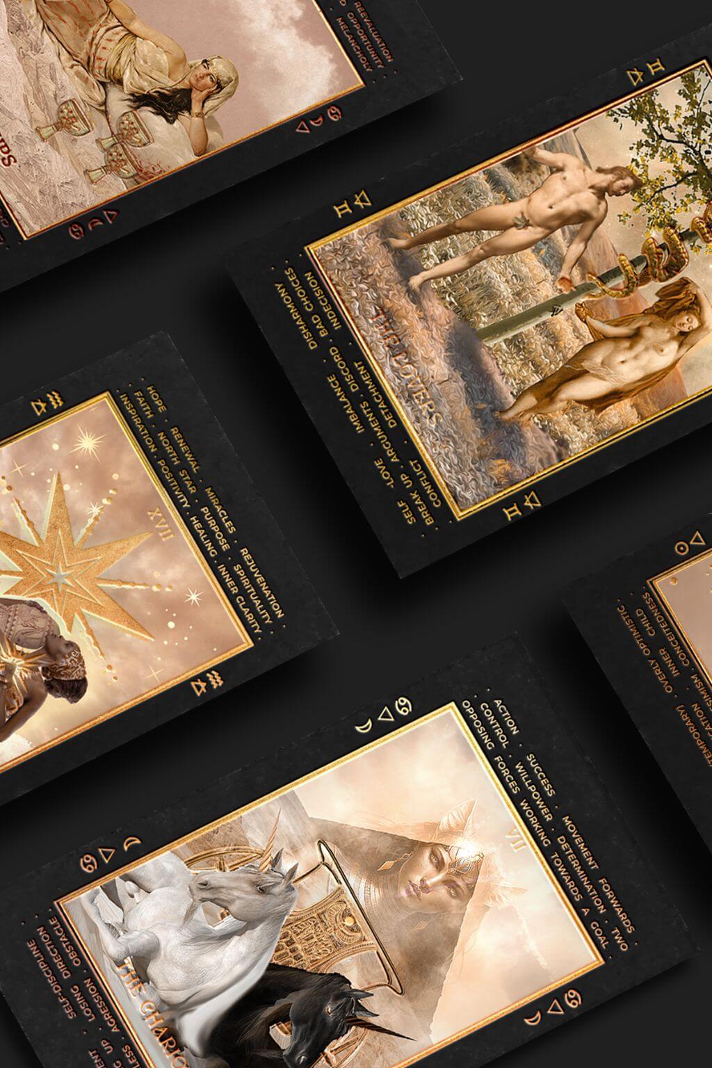 Close-up detail of Lucid Dreams Tarot Cards against black background