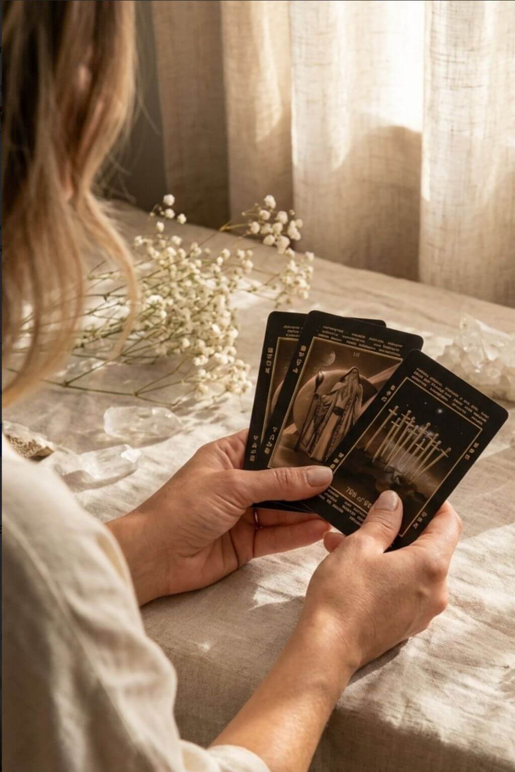 Person holding tarot cards in a softly lit room with flowers and a curtain.