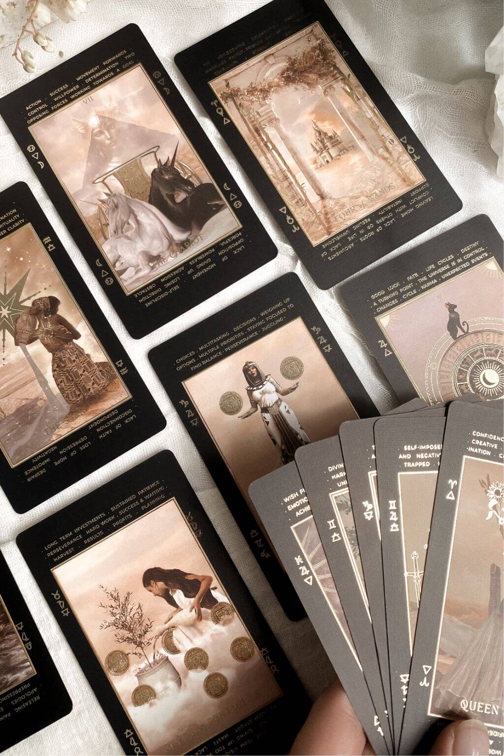 Large tarot card spread showing beautiful illustrations on Lucid Dream Tarot Cards