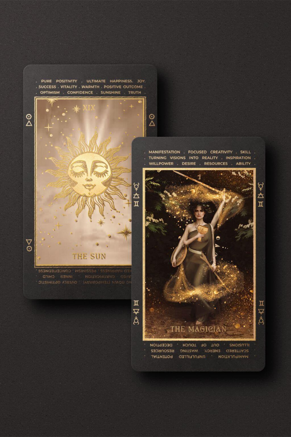 Black background with close-up detail of The Magician and The Sun Tarot Cards with keywords