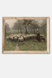 sheep with shepherd vintage pastoral art print framed