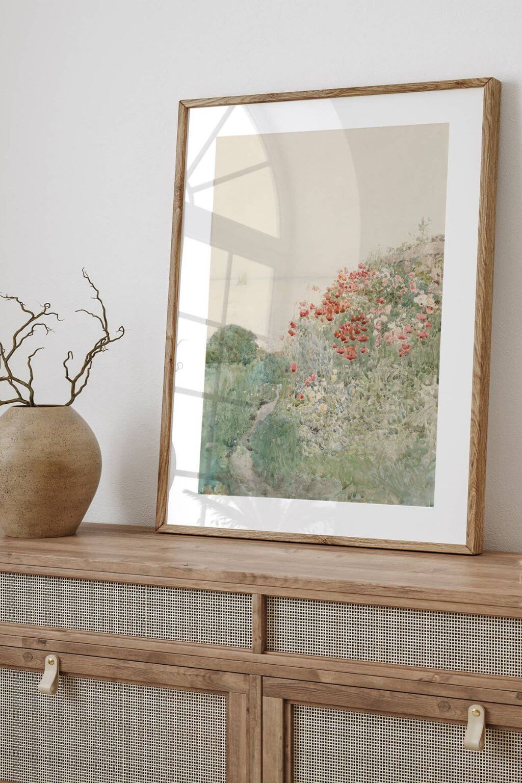 neutral floral countryside painting poppies and greenery